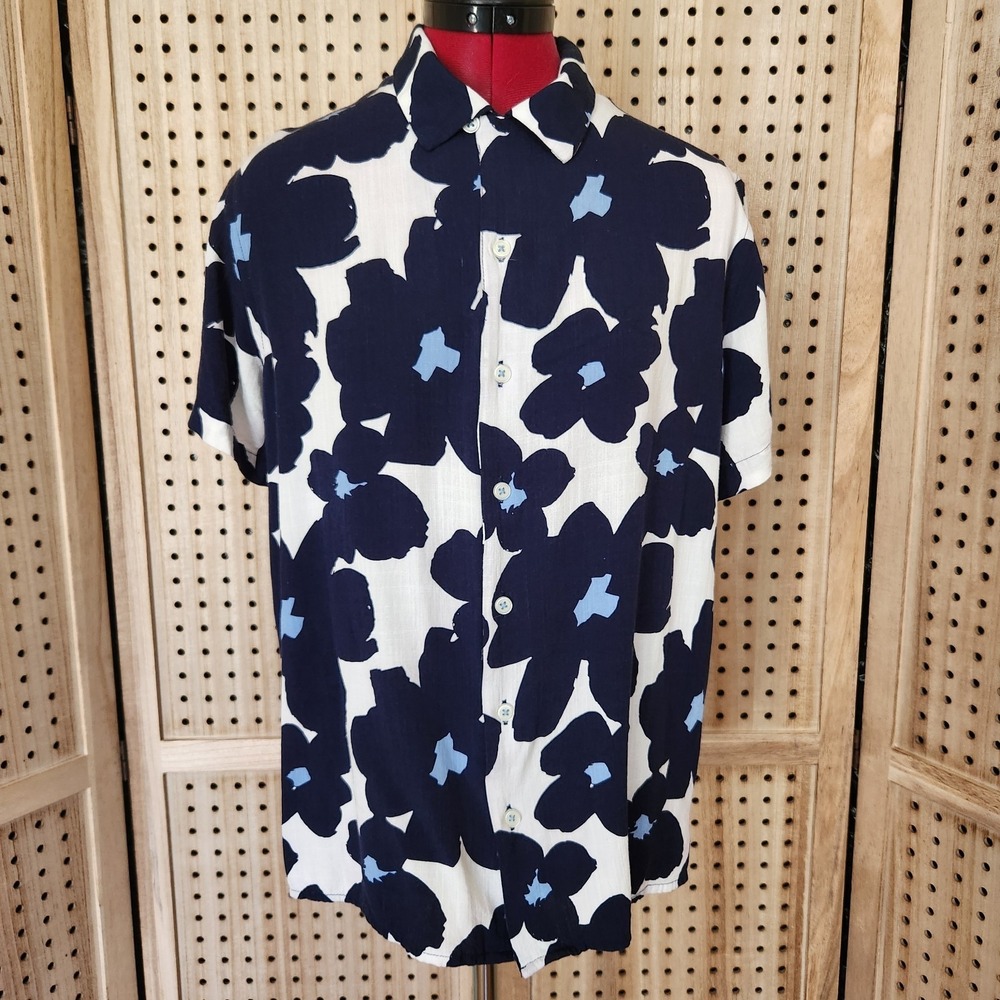 MBX Blue Floral Short Sleeve Button Front Cotton Shirt Mens Medium Lightweight